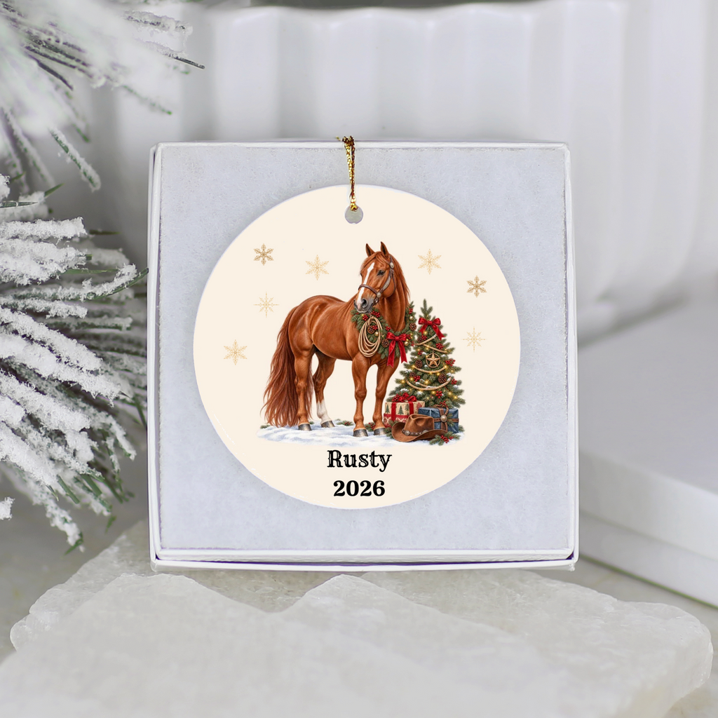 Personalized Horse Christmas Ornament, Custom Horse Photo Portrait, Western Cowboy Ceramic Ornament, Horse Name and Year, Equestrian Gift