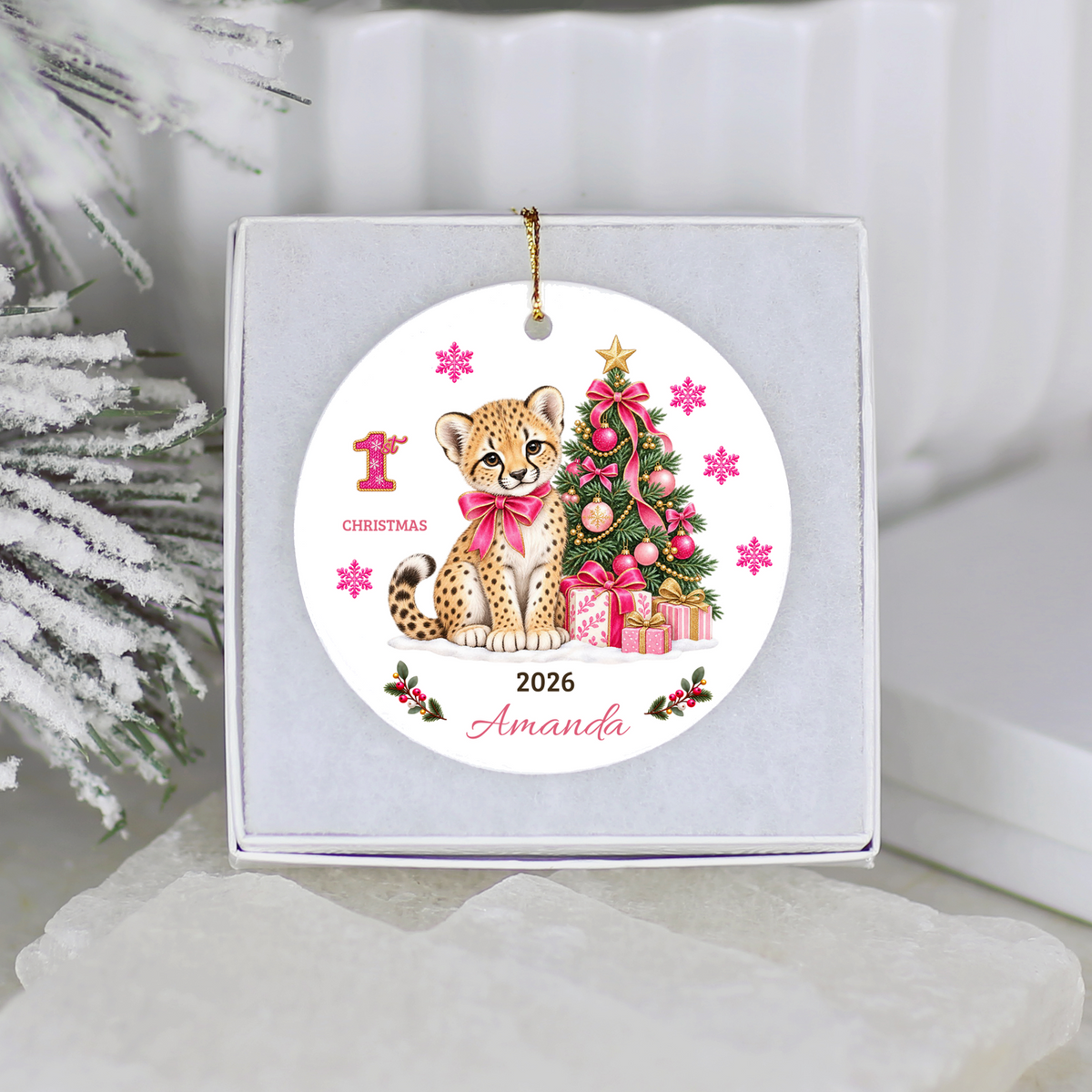 Personalized Baby Girl Cheetah Christmas Ornament, Baby's First Christmas, 1st–10th Year Keepsake, Custom Name and Year, Pink or Blue