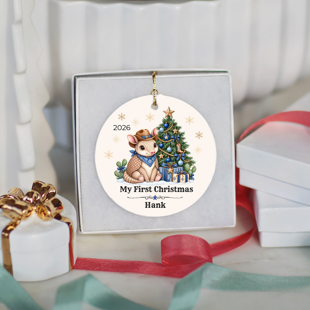 Personalized Baby Armadillo Christmas Ornament, Baby's First Christmas, Western Cowboy Cowgirl Baby Gift, Custom Name Year, Blue or Pink