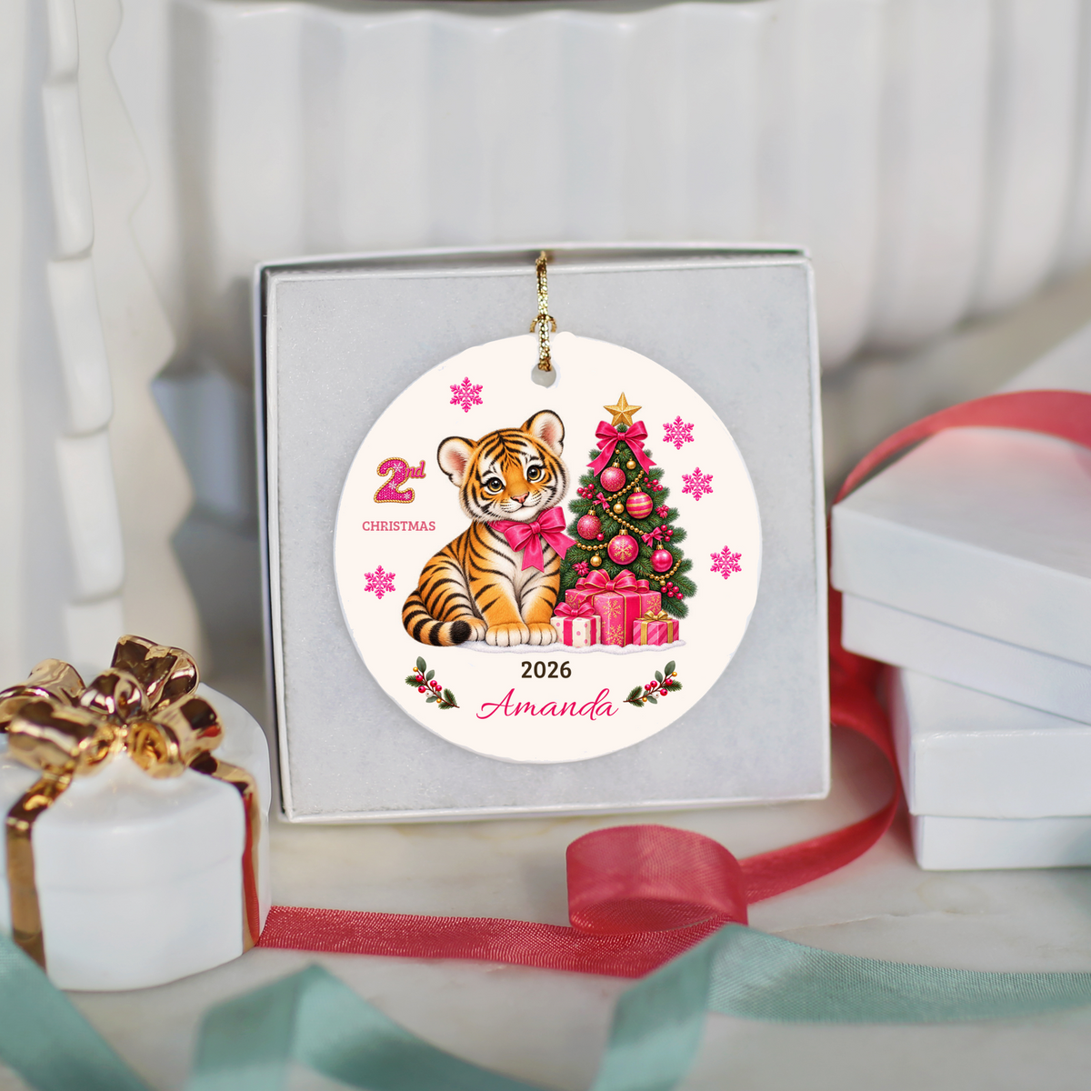 Personalized Baby Tiger Christmas Ornament, Baby's 1st to 10th Christmas Keepsake, Custom Name and Year, Pink or Blue, Ceramic Gift