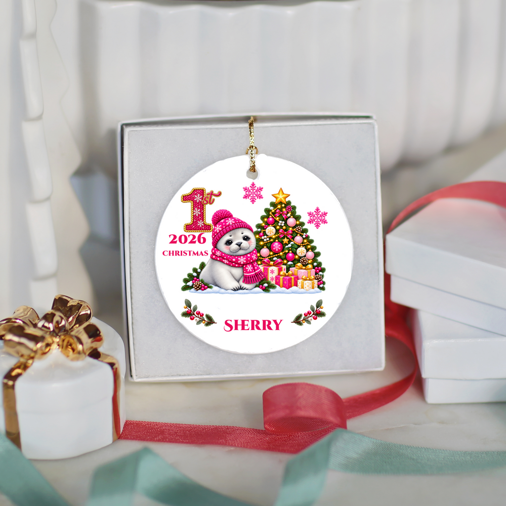 Baby Seal Pup Personalized Christmas Ornament, Custom Name Year Ceramic Keepsake, Baby’s 1st 2nd 3rd Christmas, Girl Gift