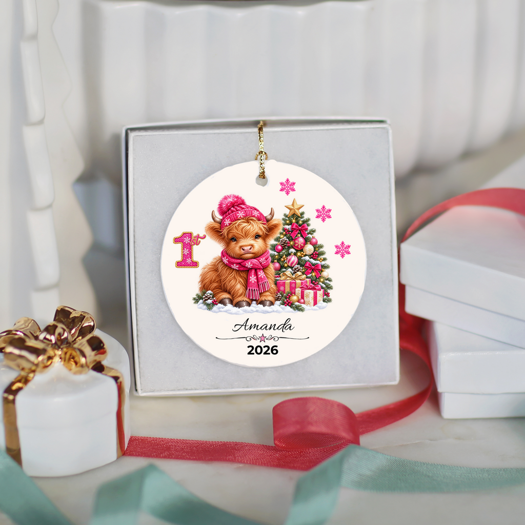 Personalized Christmas Ornament – Pink Girl Highland Cow First, Second, Third Christmas 2026, Custom Name Keepsake, 3 Inch Ceramic Holiday Decor