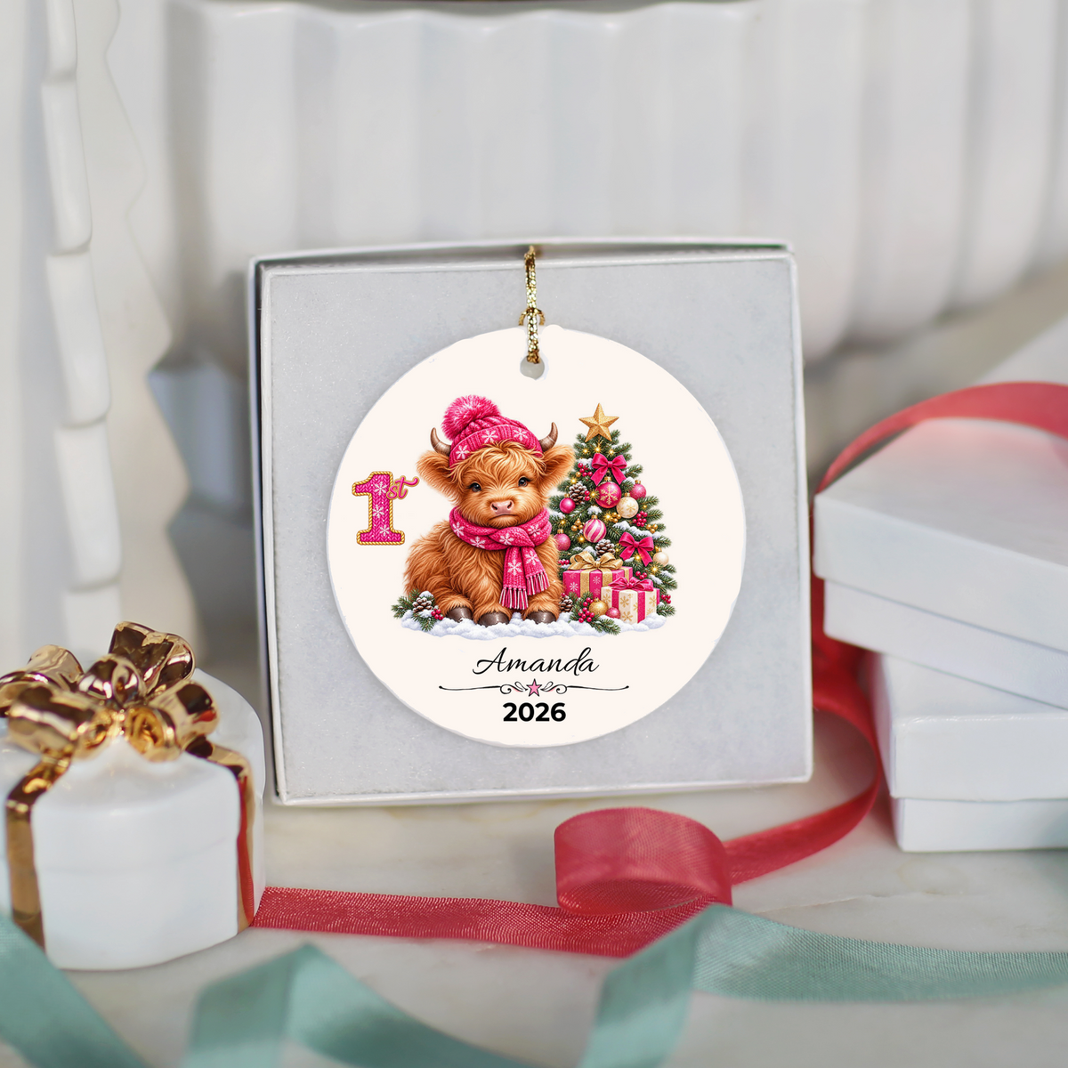 Personalized Christmas Ornament – Pink or Blue Highland Cow First, Second, Third Christmas 2026, Custom Name Keepsake, 3 Inch Ceramic Holiday Decor