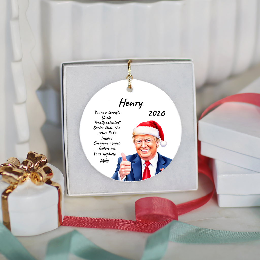 Personalized Trump Christmas Ornament, Funny Santa Hat Trump Gift, Custom Name Year and Relationship, 3 Inch Ceramic Holiday Keepsake