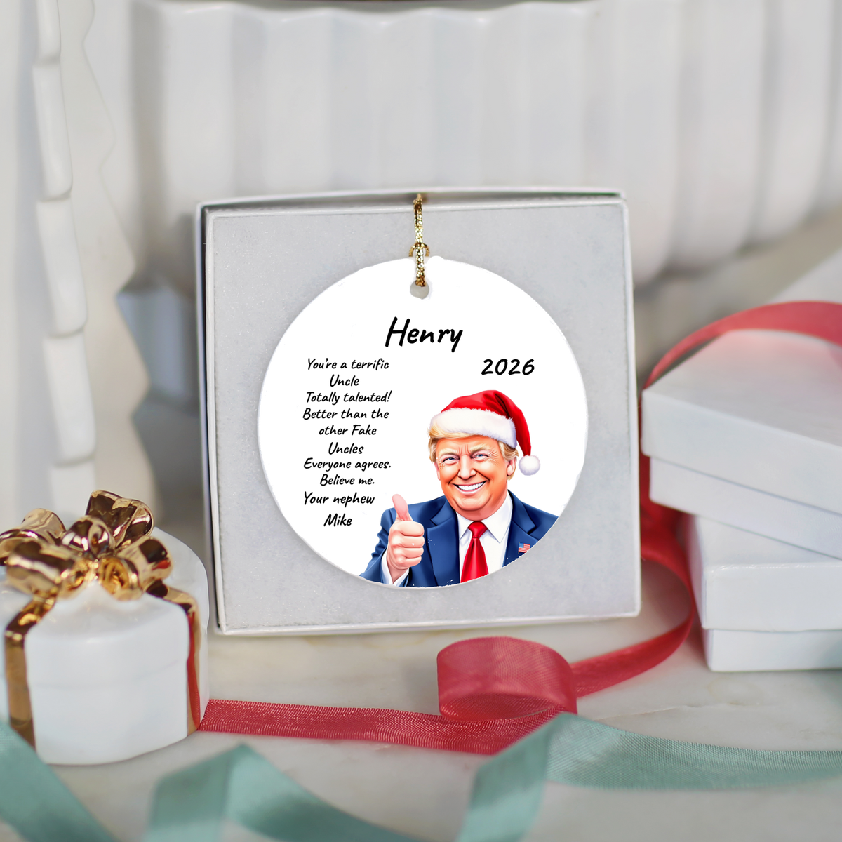 Personalized Trump Christmas Ornament, Funny Santa Hat Trump Gift, Custom Name Year and Relationship, 3 Inch Ceramic Holiday Keepsake