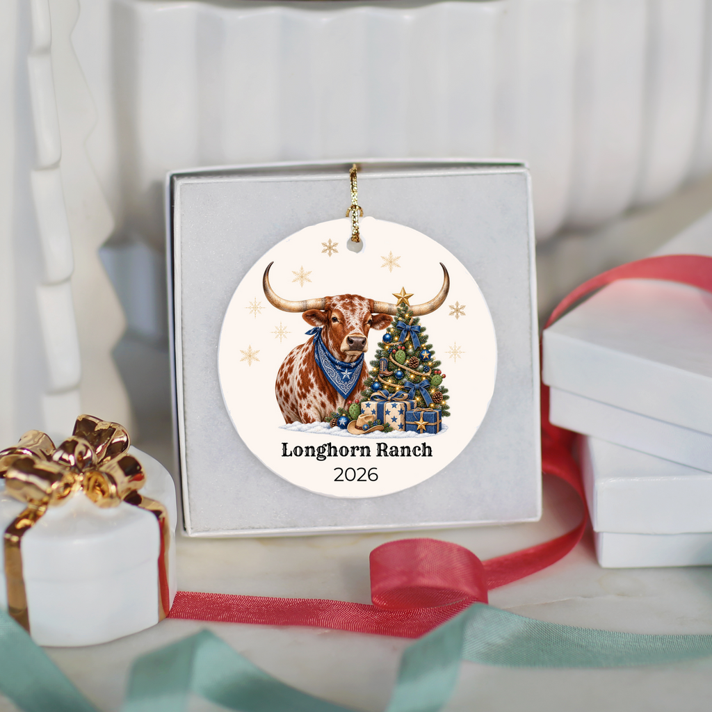 Personalized Longhorn Christmas Ornament, Western Cowboy Ceramic Ornament, Custom Name and Year