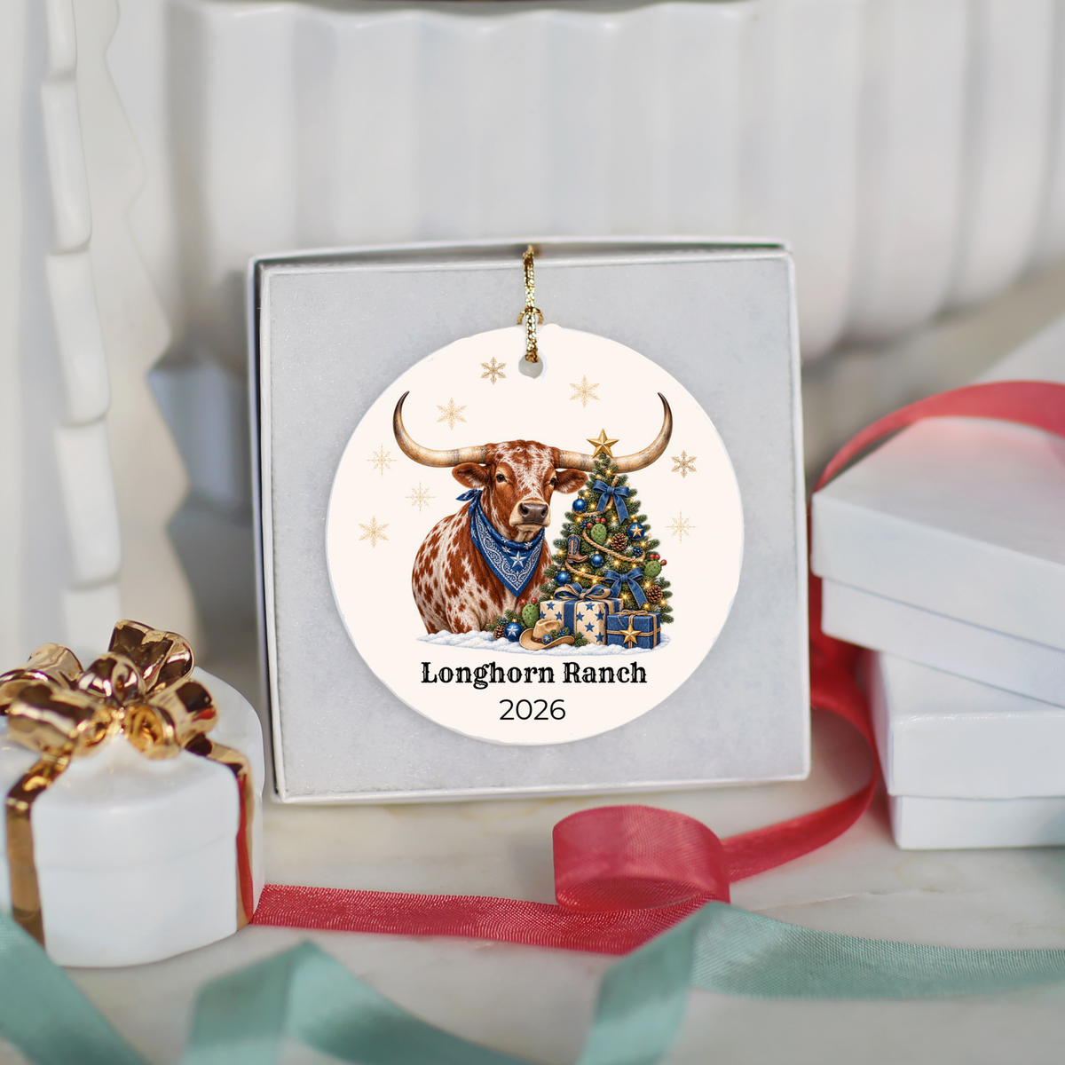 Personalized Longhorn Christmas Ornament, Western Cowboy Ceramic Ornament, Custom Name and Year