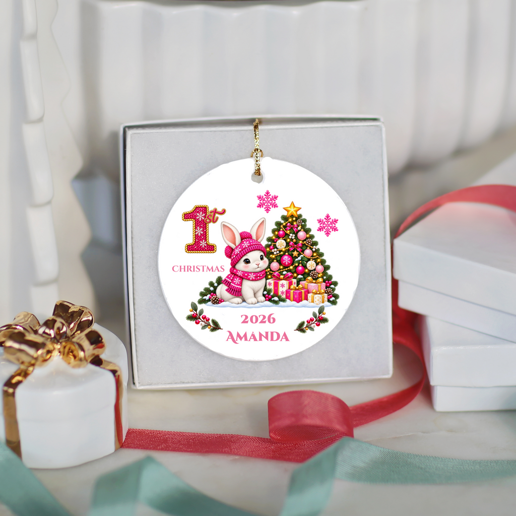 Baby Bunny Personalized Christmas Ornament. Baby's 1st 2nd 3rd Christmas, Custom Name Year Ceramic Keepsake, Girl Gift