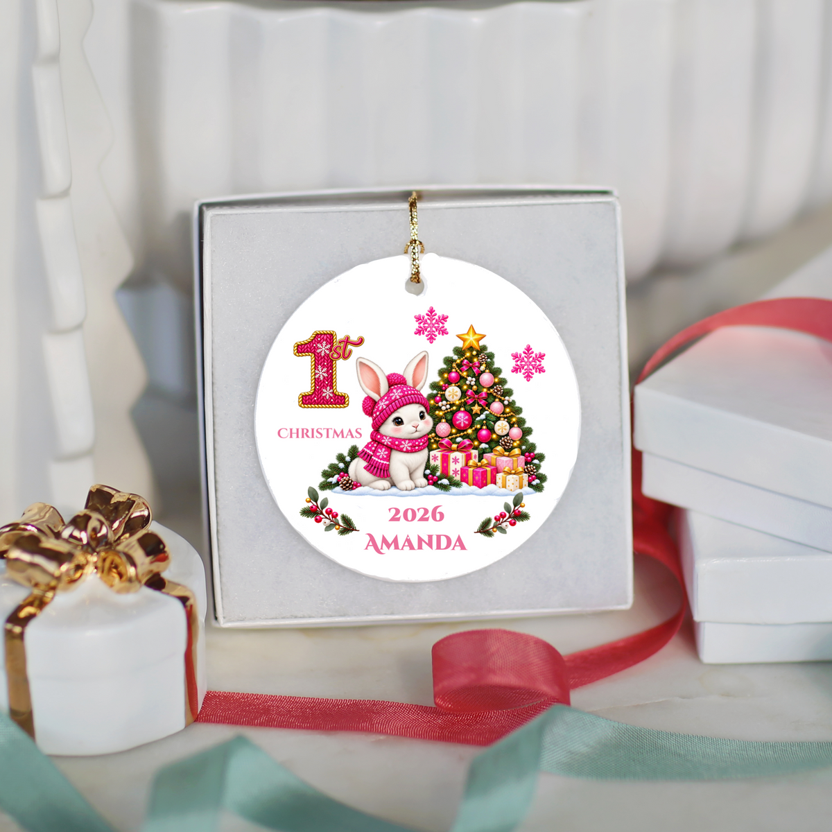 Baby Bunny Personalized Christmas Ornament. Baby's 1st 2nd 3rd Christmas, Custom Name Year Ceramic Keepsake, Girl Gift