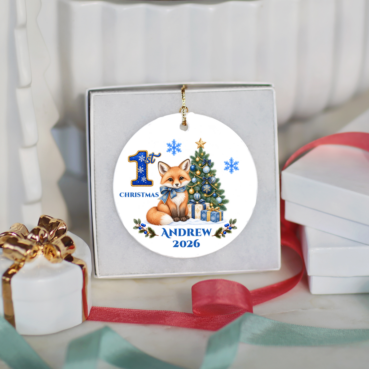Fox Baby Personalized Christmas Ornament, Baby's 1st 2nd 3rd Christmas, Custom Name Year Ceramic Keepsake
