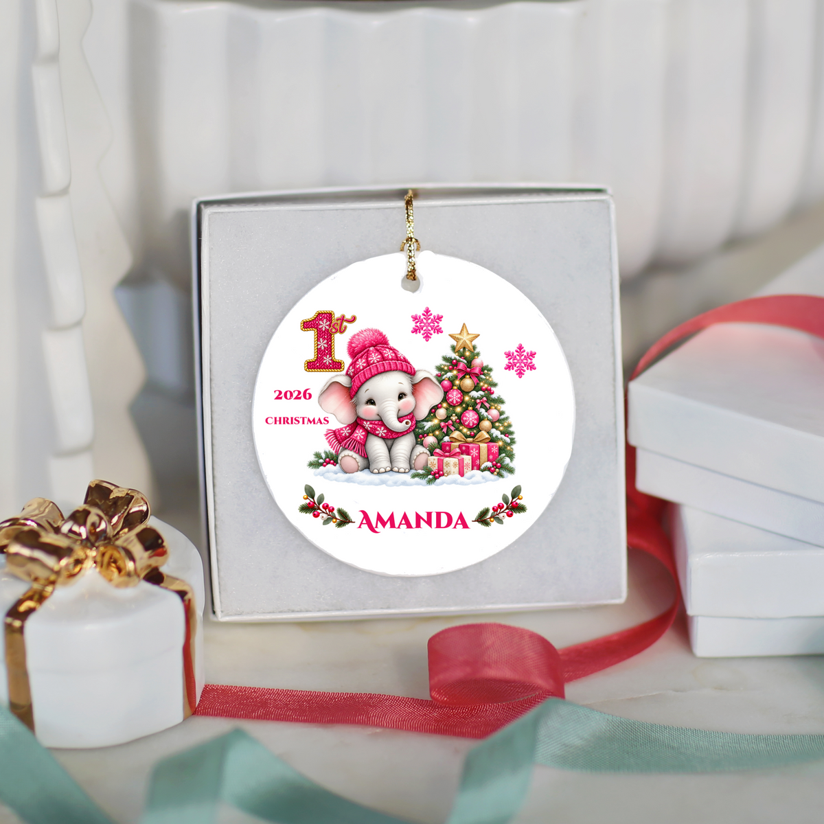 Elephant Baby Personalized Christmas Ornament, Baby's 1st 2nd 3rd Christmas, Custom Name Year Ceramic Keepsake, Girl Gift