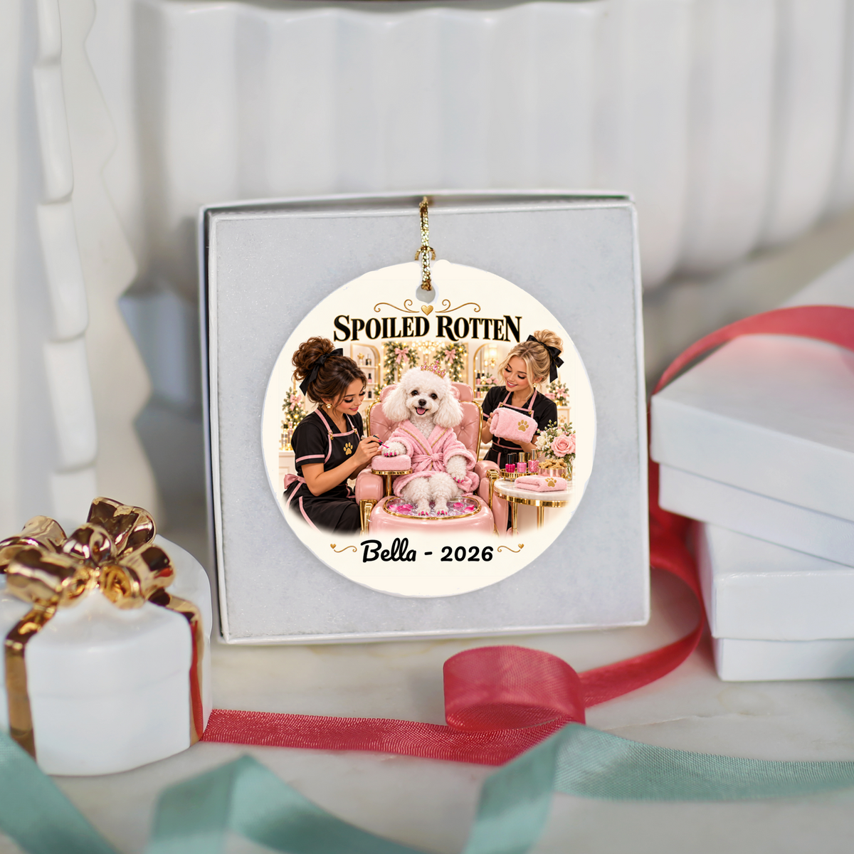 Personalized Pet Photo Christmas Ornament, Spoiled Rotten Dog Spa Ornament, Custom Dog or Cat Gift, Pet Name and Year, Ceramic Keepsake