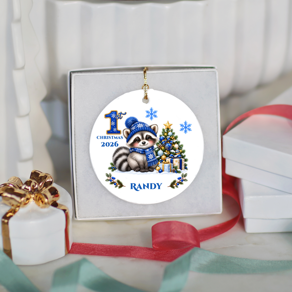 Christmas Raccoon Ornament, Woodland Animal Holiday Decor, Blue Winter Tree Ornament, Cute Wildlife Gift, Ceramic Tree Decoration 3 Inch