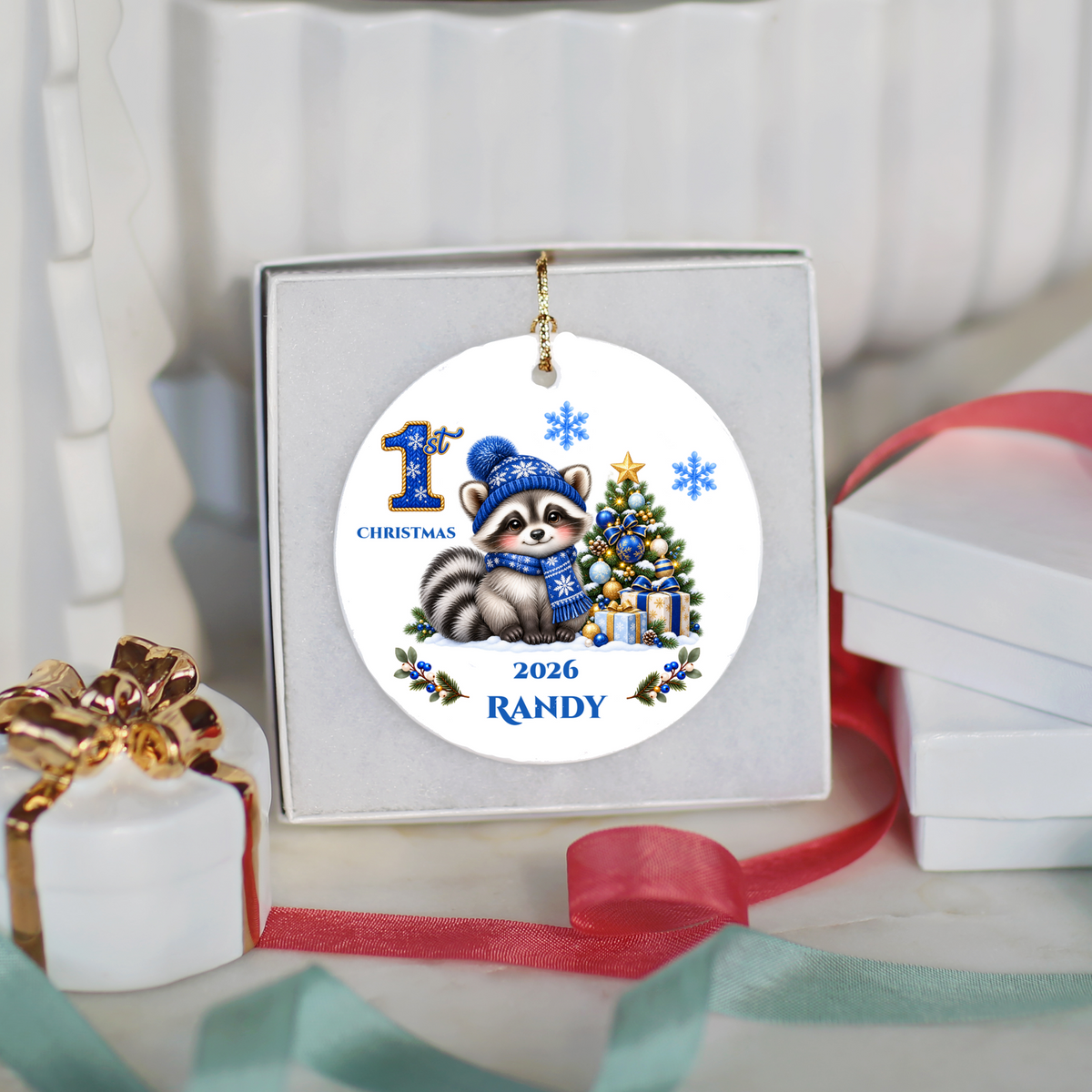 Raccoon Holiday Decor, Baby's First, Second, Third Christmas Ornament, Holiday Decor, Ceramic Tree Decoration 3 Inch