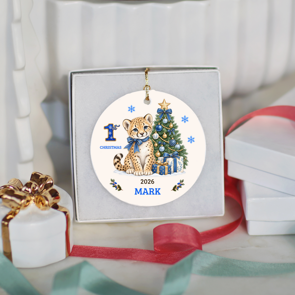 Personalized Baby Cheetah Christmas Ornament, Baby's First Christmas, 1st–10th Year Keepsake, Custom Name and Year, Pink or Blue