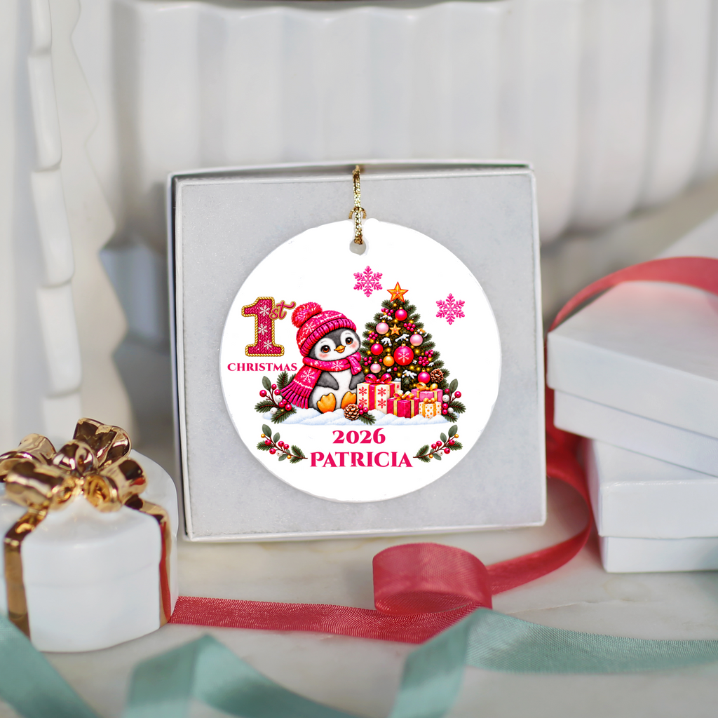 Penguin Baby Personalized Christmas Ornament, Baby's 1st 2nd 3rd Christmas, Custom Name Year Ceramic Keepsake, Boy or Girl Gift