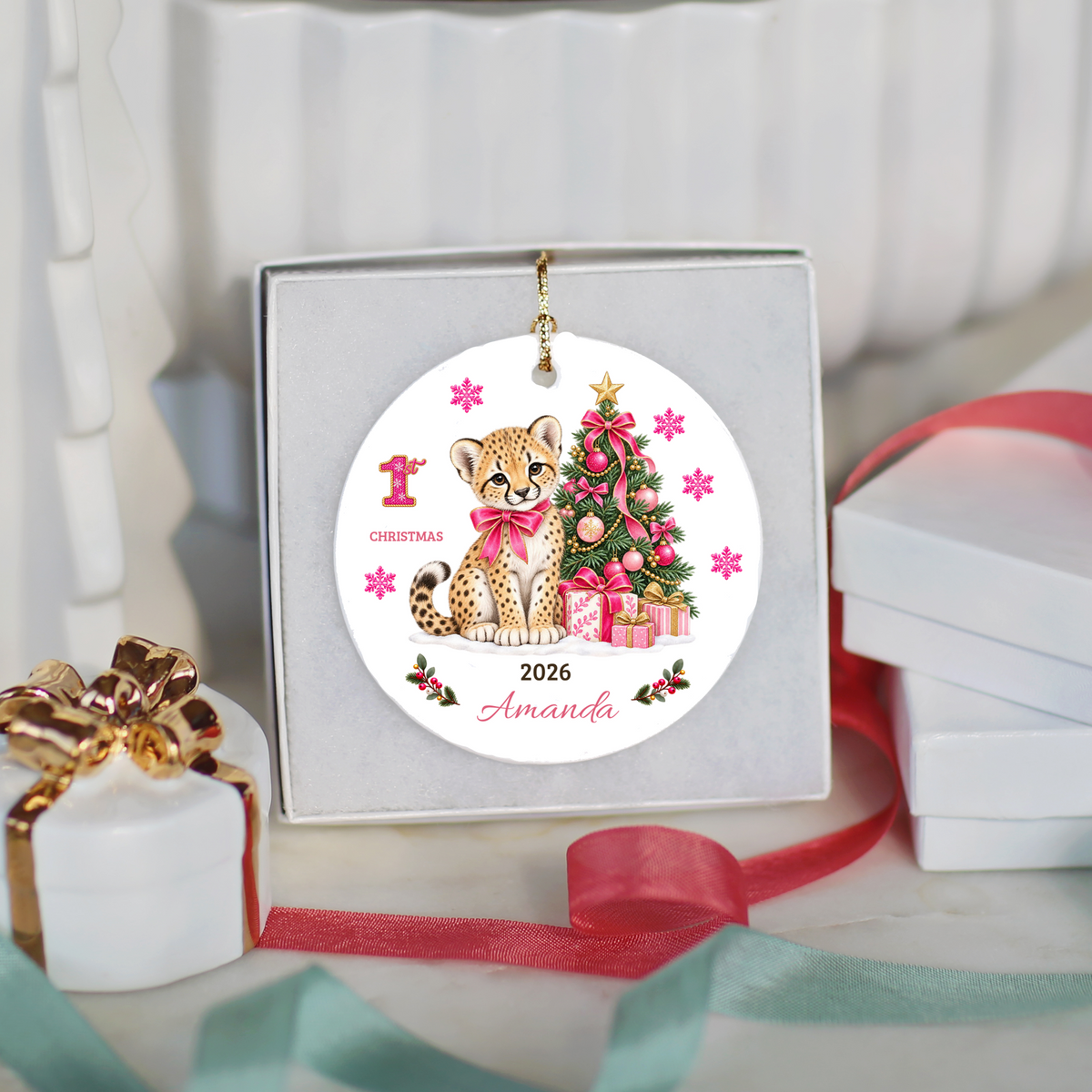 Personalized Baby Girl Cheetah Christmas Ornament, Baby's First Christmas, 1st–10th Year Keepsake, Custom Name and Year, Pink or Blue