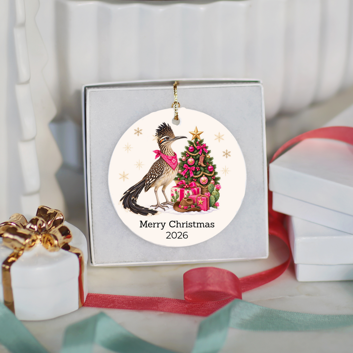 Personalized Roadrunner Christmas Ornament, Western Cowboy Cowgirl Decor, Blue or Pink, Custom Text and Year, Southwest Christmas Gift