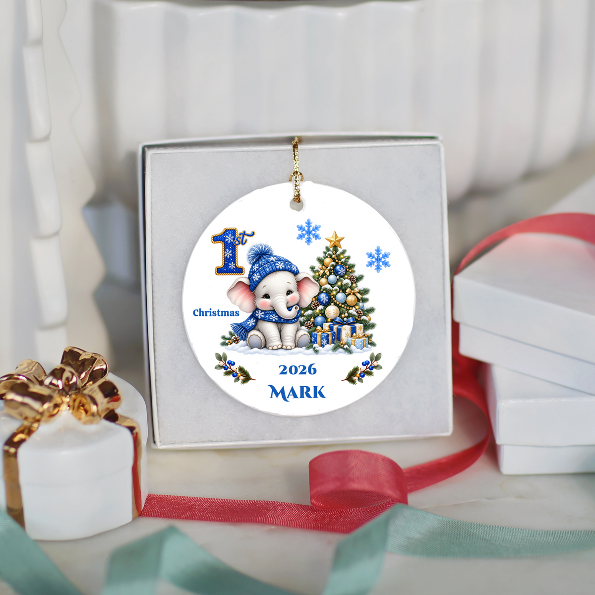 Elephant Baby Personalized Christmas Ornament, Baby's 1st 2nd 3rd Christmas, Custom Name Year Ceramic Keepsake, Girl Gift