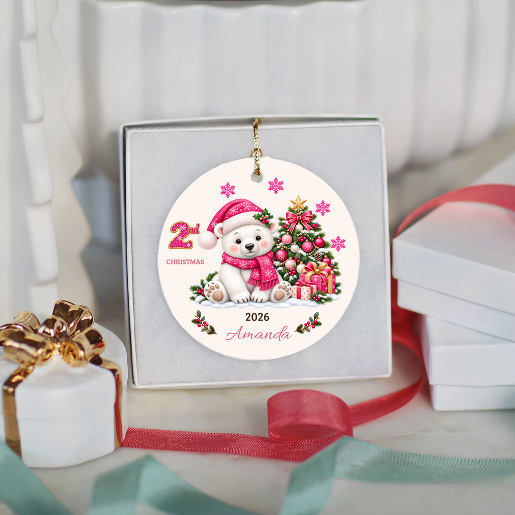 Personalized Baby Polar Bear Christmas Ornament, Baby's First Christmas, 1st–10th Christmas Keepsake, Custom Name and Year, Pink or Blue