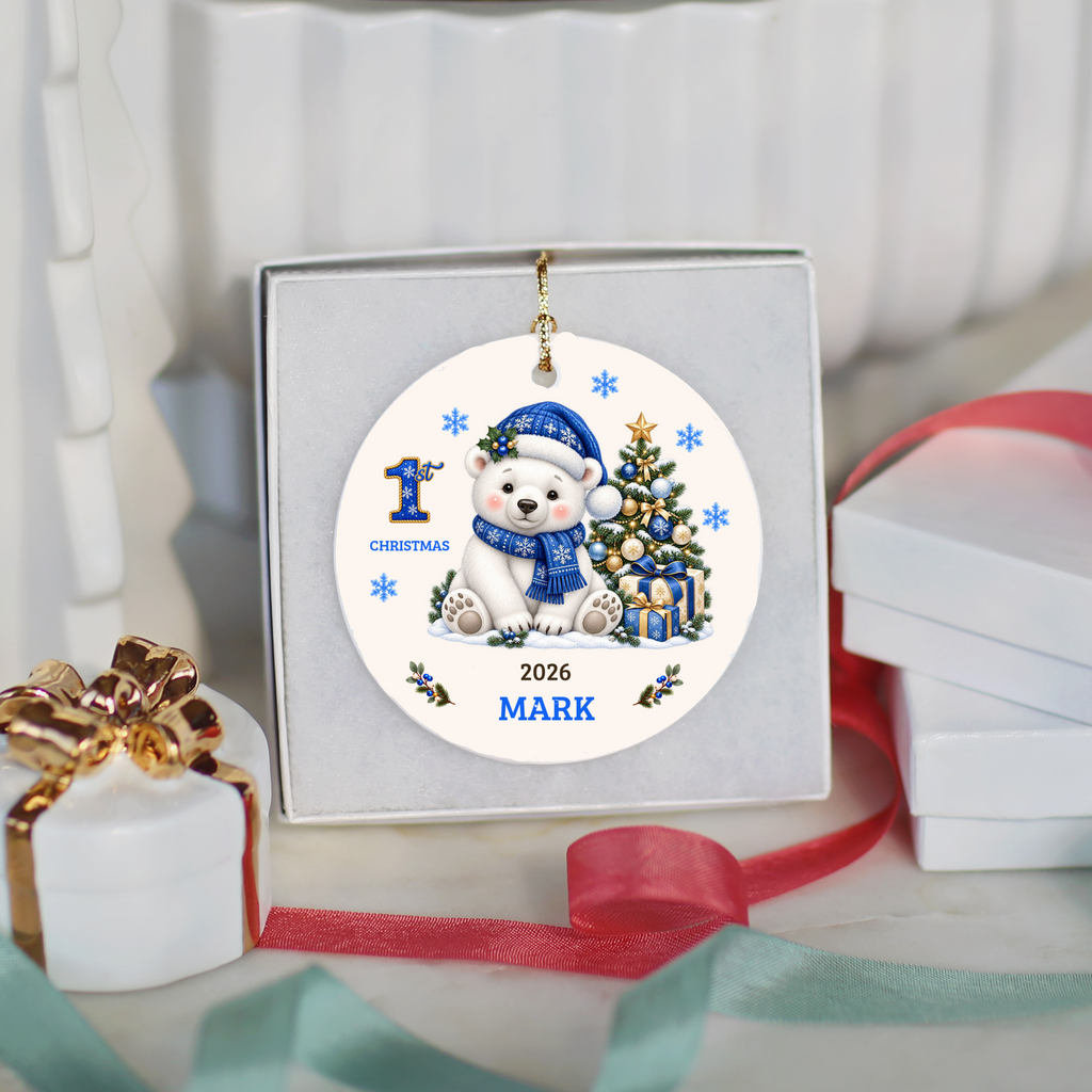 Personalized Baby Polar Bear Christmas Ornament, Baby's First Christmas, 1st–10th Christmas Keepsake, Custom Name and Year, Pink or Blue