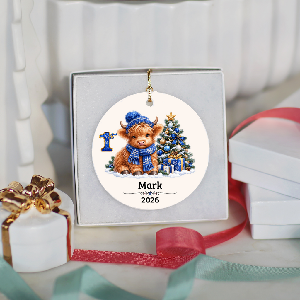 Personalized Christmas Ornament – Pink or Blue Highland Cow First, Second, Third Christmas 2026, Custom Name Keepsake, 3 Inch Ceramic Holiday Decor