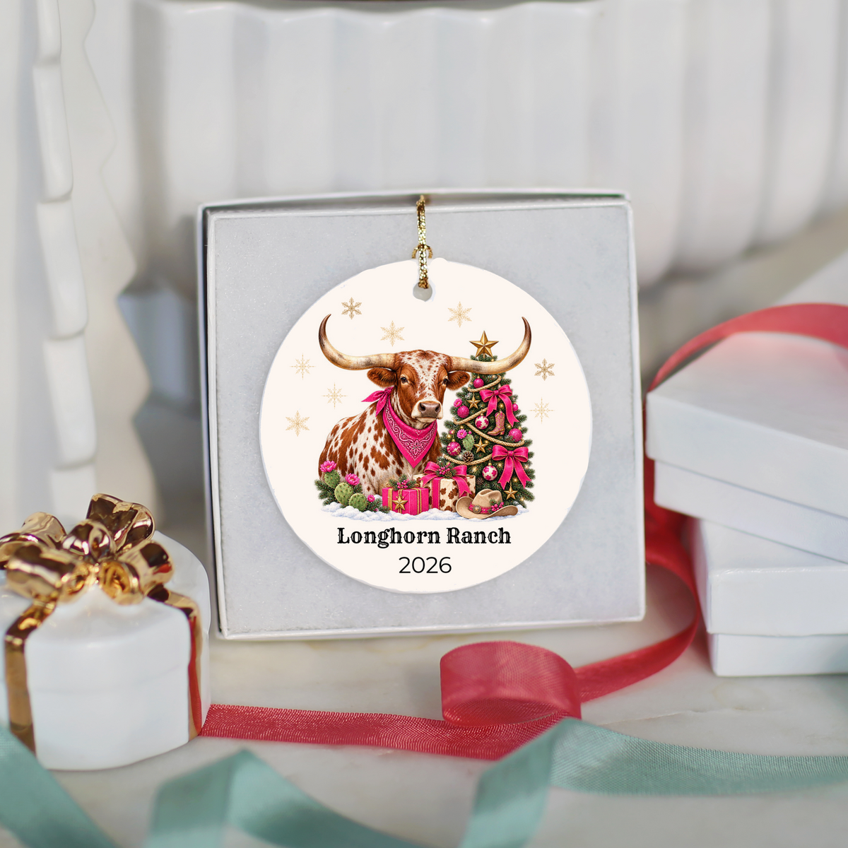Personalized Longhorn Christmas Ornament, Western Cowboy Ceramic Ornament, Custom Name and Year