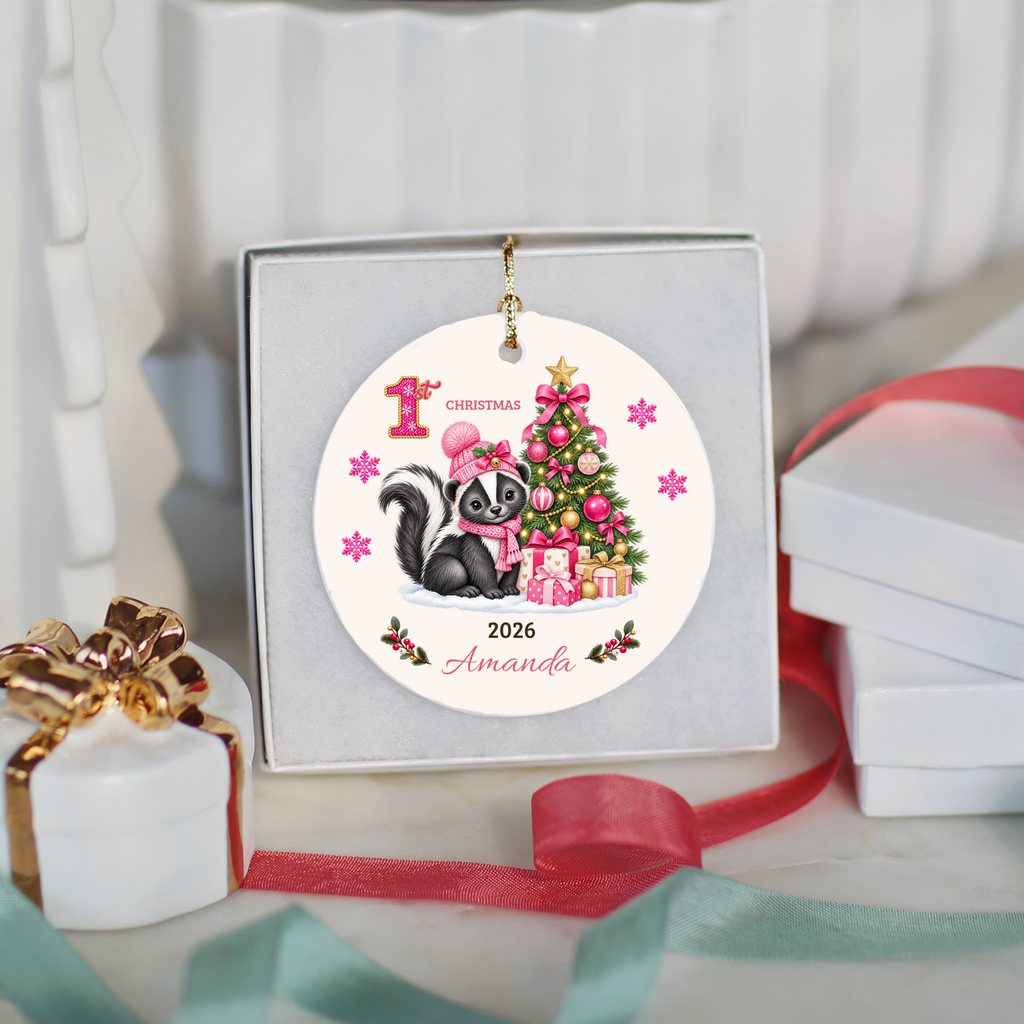 Personalized Baby Skunk Christmas Ornament, Baby's First Christmas, 1st–10th Christmas Keepsake, Custom Name and Year, Pink or Blue