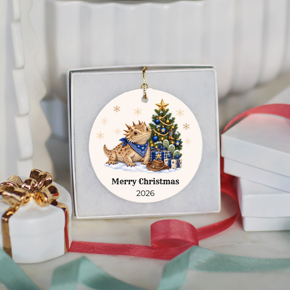 Personalized Horny Toad Christmas Ornament, Texas Horned Lizard, Western Cowboy Cowgirl Decor, Blue or Pink, Custom Name Year Gift