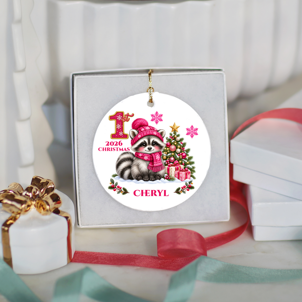 Baby Raccoon Personalized Christmas Ornament, First Christmas Keepsake, Pink Winter Animal Ceramic Tree Decoration, New Baby Gift 2026