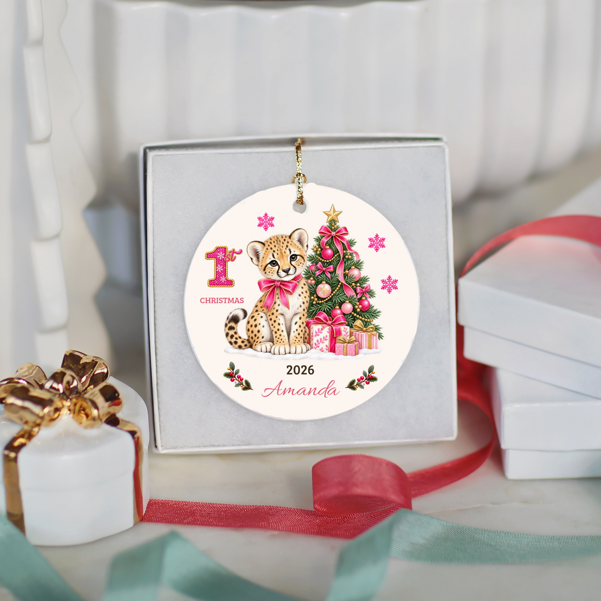 Personalized Baby Cheetah Christmas Ornament, Baby's First Christmas, 1st–10th Year Keepsake, Custom Name and Year, Pink or Blue