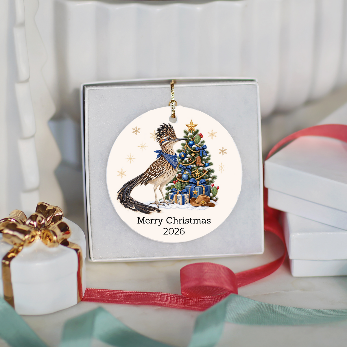 Personalized Roadrunner Christmas Ornament, Western Cowboy Cowgirl Decor, Blue or Pink, Custom Text and Year, Southwest Christmas Gift
