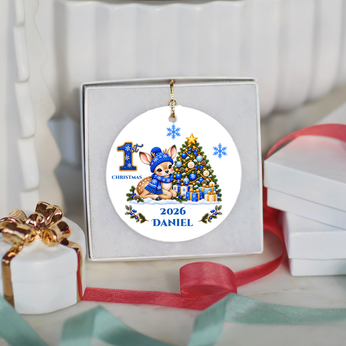 Fawn Baby Personalized Christmas Ornament, Baby's 1st 2nd 3rd Christmas, Custom Name Year Ceramic Keepsake, Boy or Girl Gift