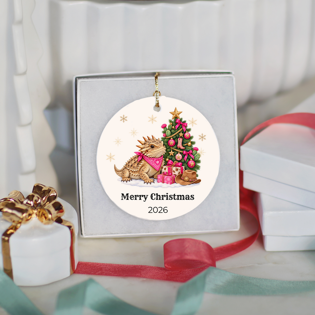 Personalized Horny Toad Christmas Ornament, Texas Horned Lizard, Western Cowboy Cowgirl Decor, Blue or Pink, Custom Name Year Gift