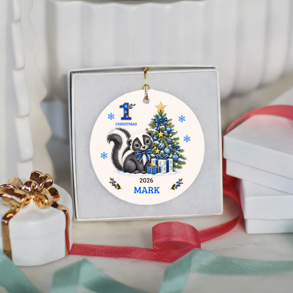 Personalized Baby Skunk Christmas Ornament, Baby's First Christmas, 1st–10th Christmas Keepsake, Custom Name and Year, Pink or Blue