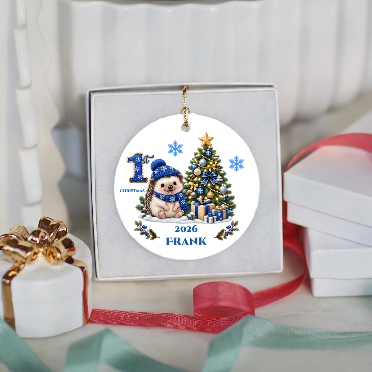 Hedgehog Baby Personalized Christmas Ornament, Baby's 1st 2nd 3rd Christmas, Custom Name Year Ceramic Keepsake