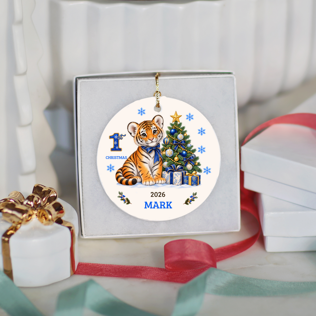 Personalized Baby Tiger Christmas Ornament, Baby's 1st to 10th Christmas Keepsake, Custom Name and Year, Pink or Blue, Ceramic Gift