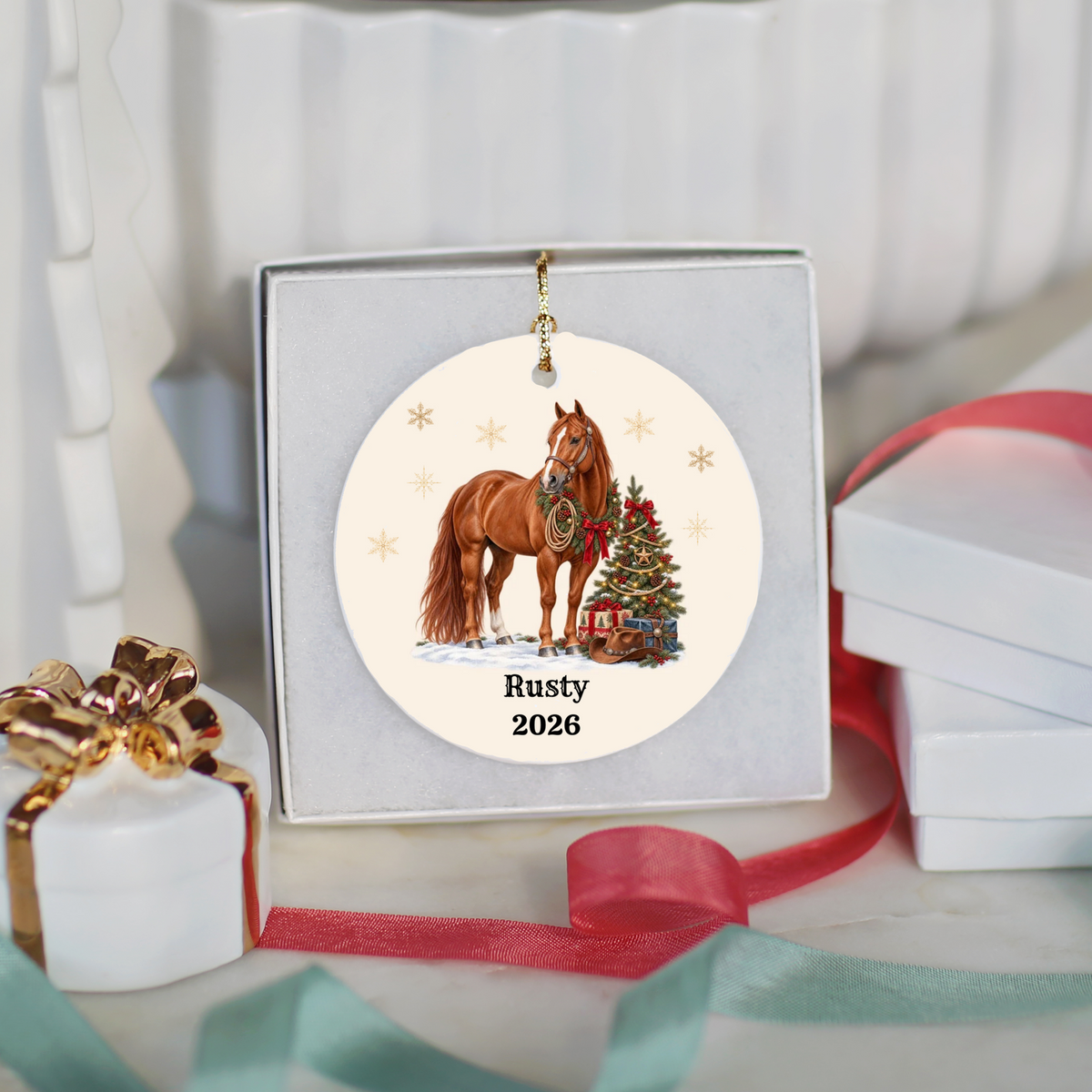Personalized Horse Christmas Ornament, Custom Horse Photo Portrait, Western Cowboy Ceramic Ornament, Horse Name and Year, Equestrian Gift