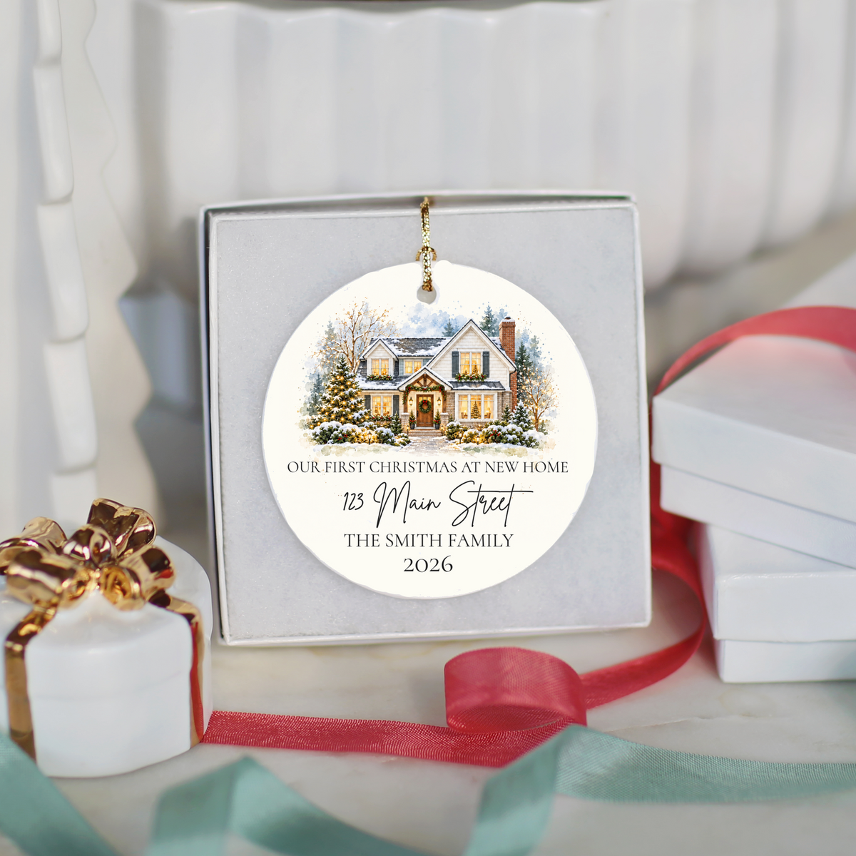 Custom House Photo Christmas Ornament, Personalized First Christmas in New Home, Watercolor House Portrait, Address Family Name Ceramic Gift