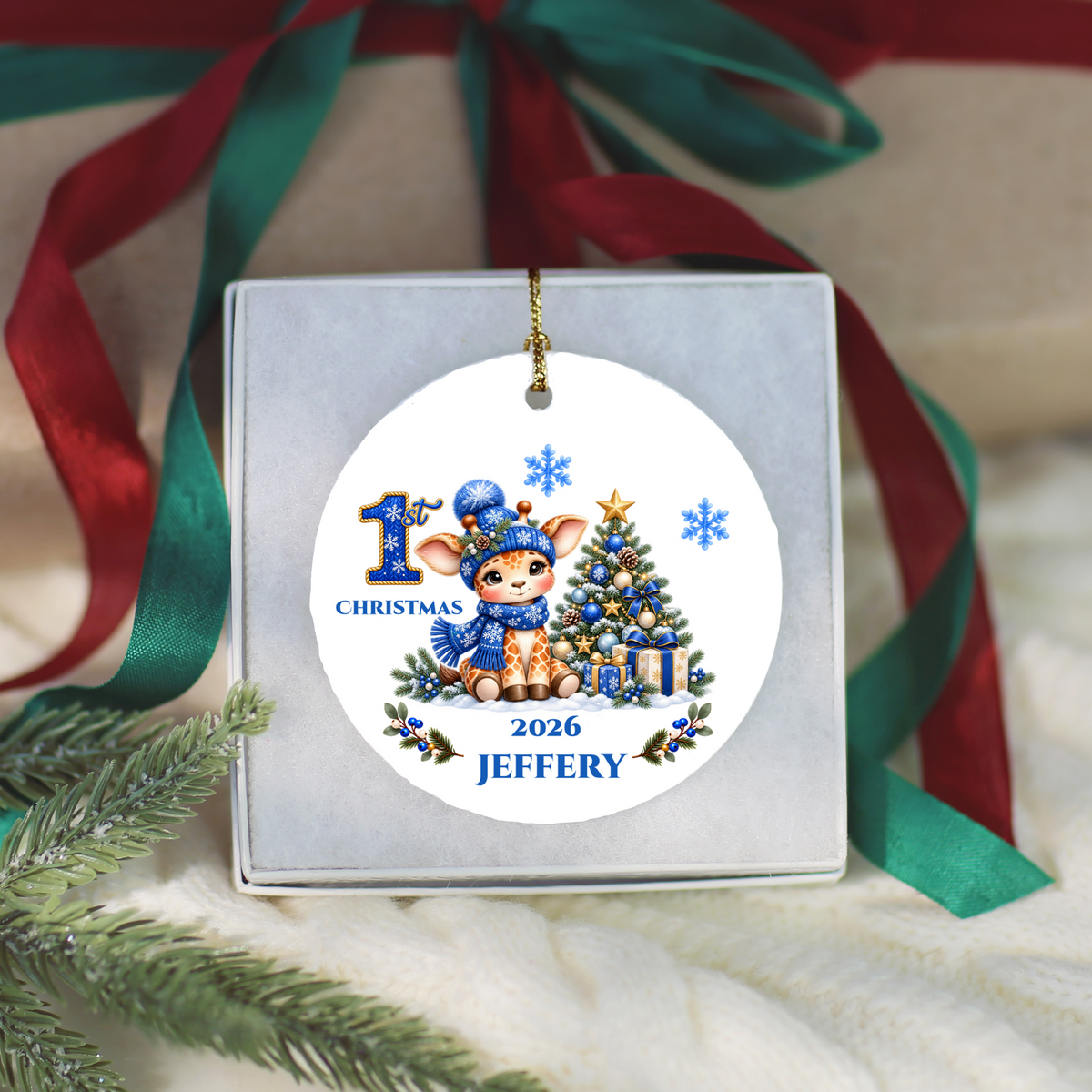Giraffe Baby Personalized Christmas Ornament, Baby's 1st 2nd 3rd Christmas, Custom Name Year Ceramic Keepsake, Boy or Girl Gift