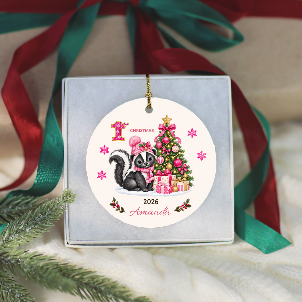 Personalized Baby Skunk Christmas Ornament, Baby's First Christmas, 1st–10th Christmas Keepsake, Custom Name and Year, Pink or Blue