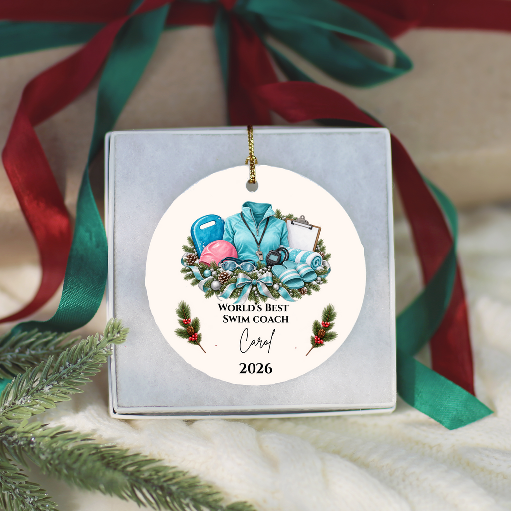 Personalized Swim Coach Ornament, Swimming Coach Christmas Gift, Custom Coach Appreciation Keepsake, Swim Team Gift, Name and Year