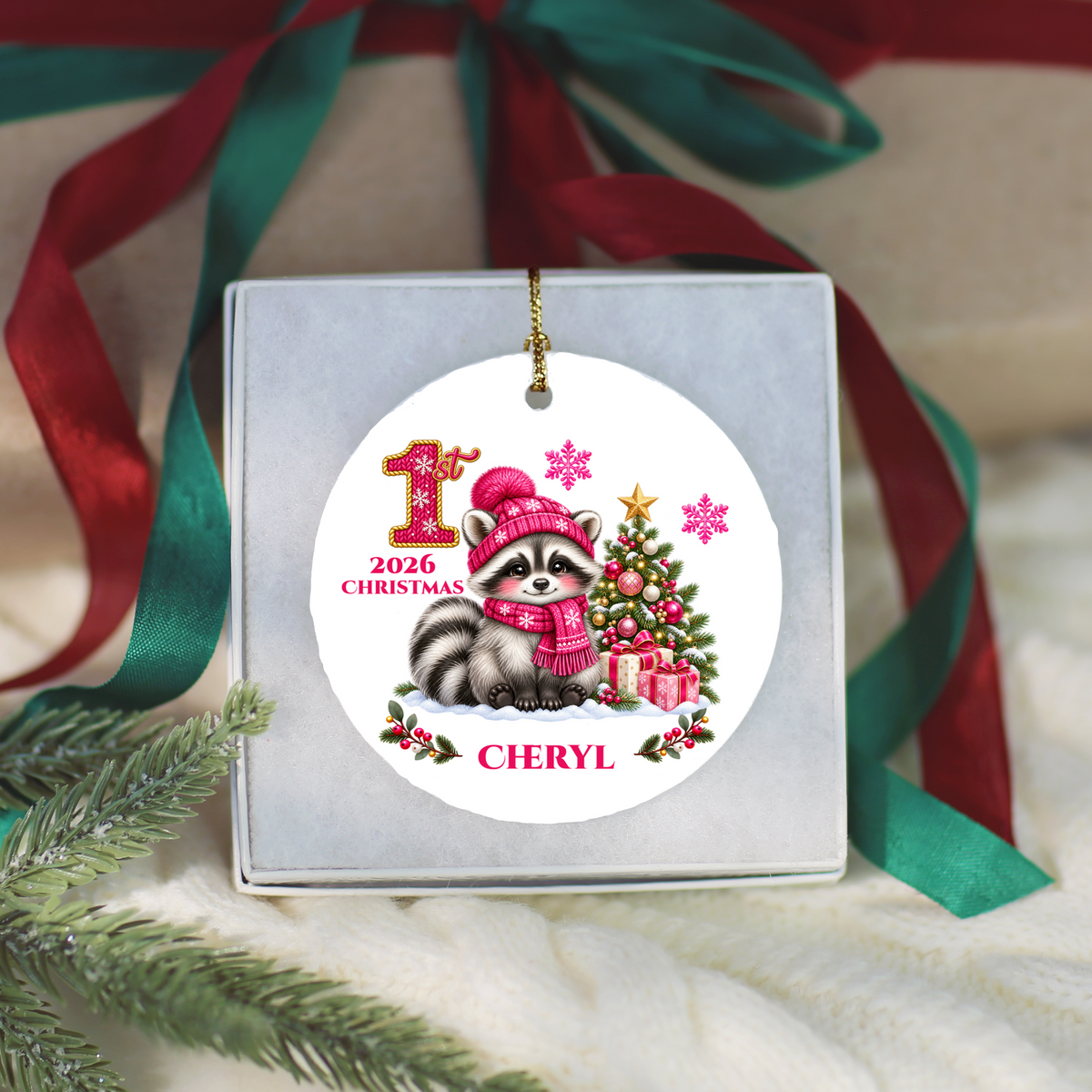 Baby Raccoon Personalized Christmas Ornament, First Christmas Keepsake, Pink Winter Animal Ceramic Tree Decoration, New Baby Gift 2026