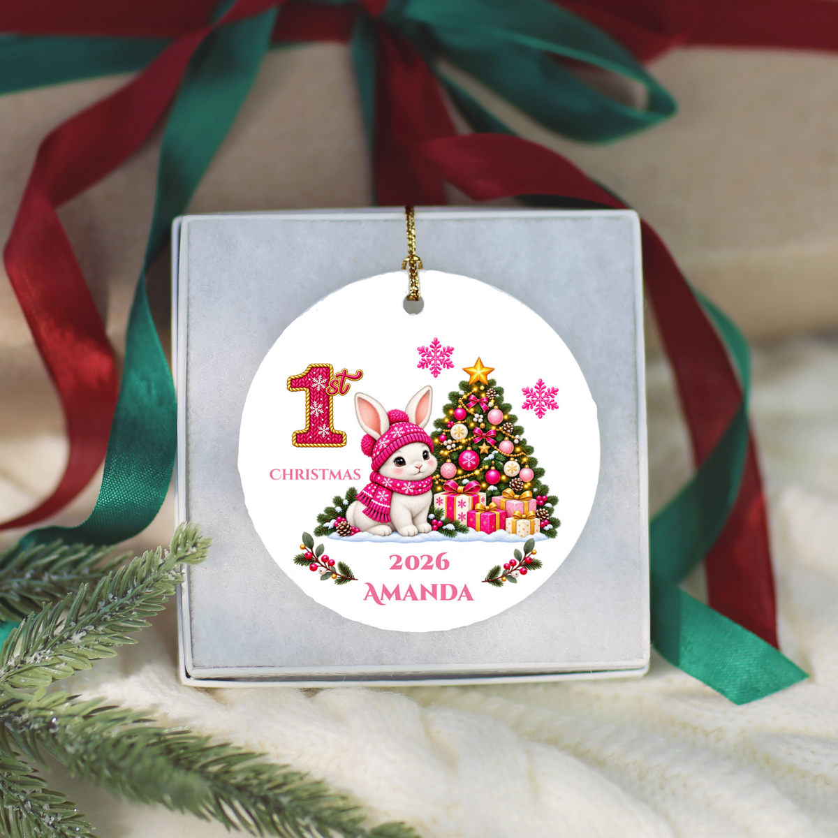 Baby Bunny Personalized Christmas Ornament. Baby's 1st 2nd 3rd Christmas, Custom Name Year Ceramic Keepsake, Girl Gift