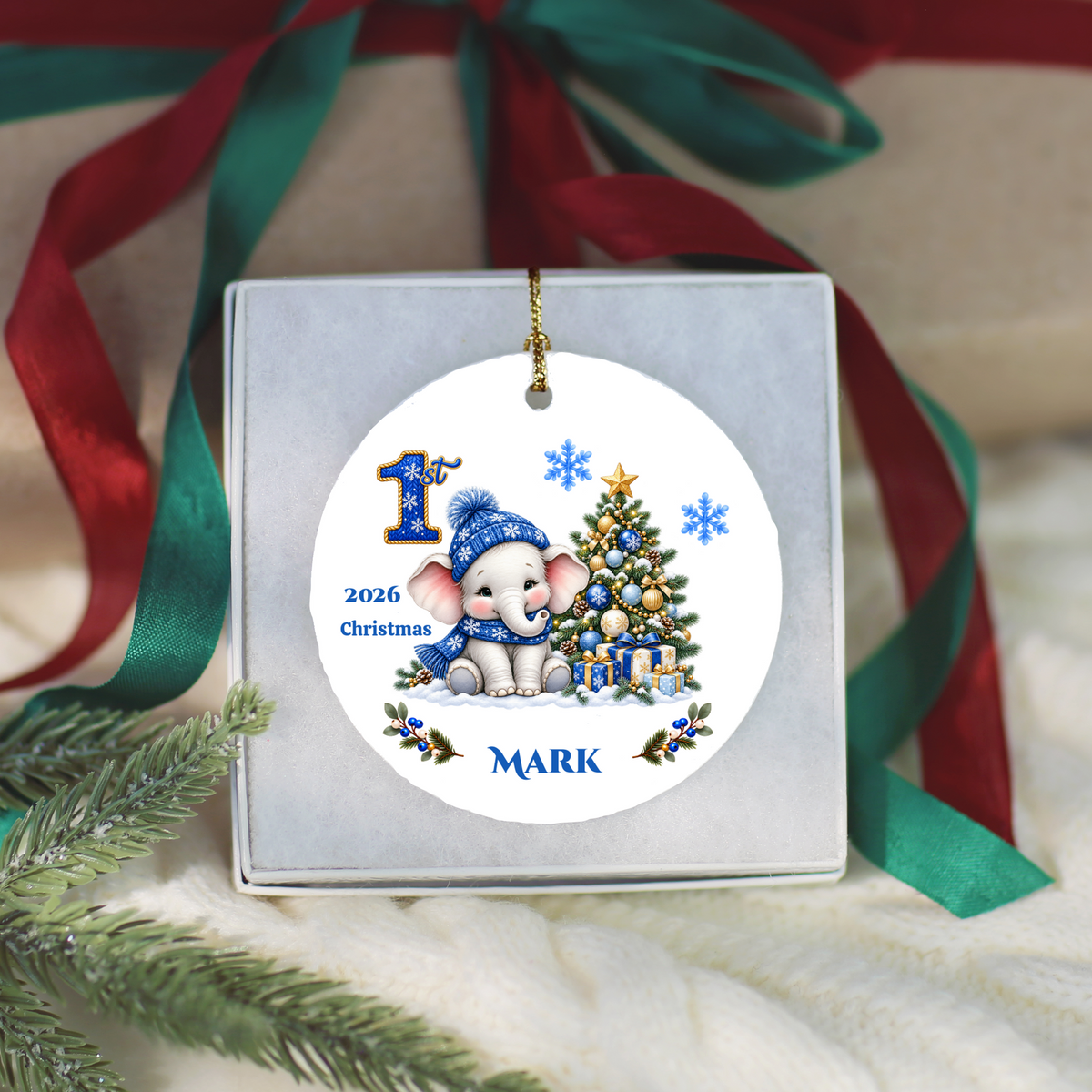 Elephant Baby Personalized Christmas Ornament Blue, Baby's 1st 2nd 3rd Christmas, Custom Name Year Ceramic Keepsake, Girl Gift
