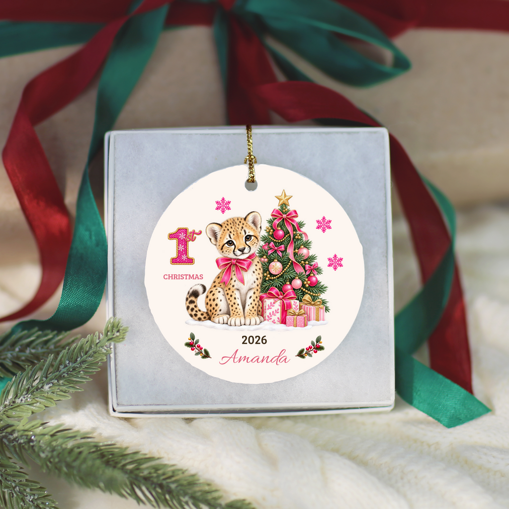 Personalized Baby Cheetah Christmas Ornament, Baby's First Christmas, 1st–10th Year Keepsake, Custom Name and Year, Pink or Blue