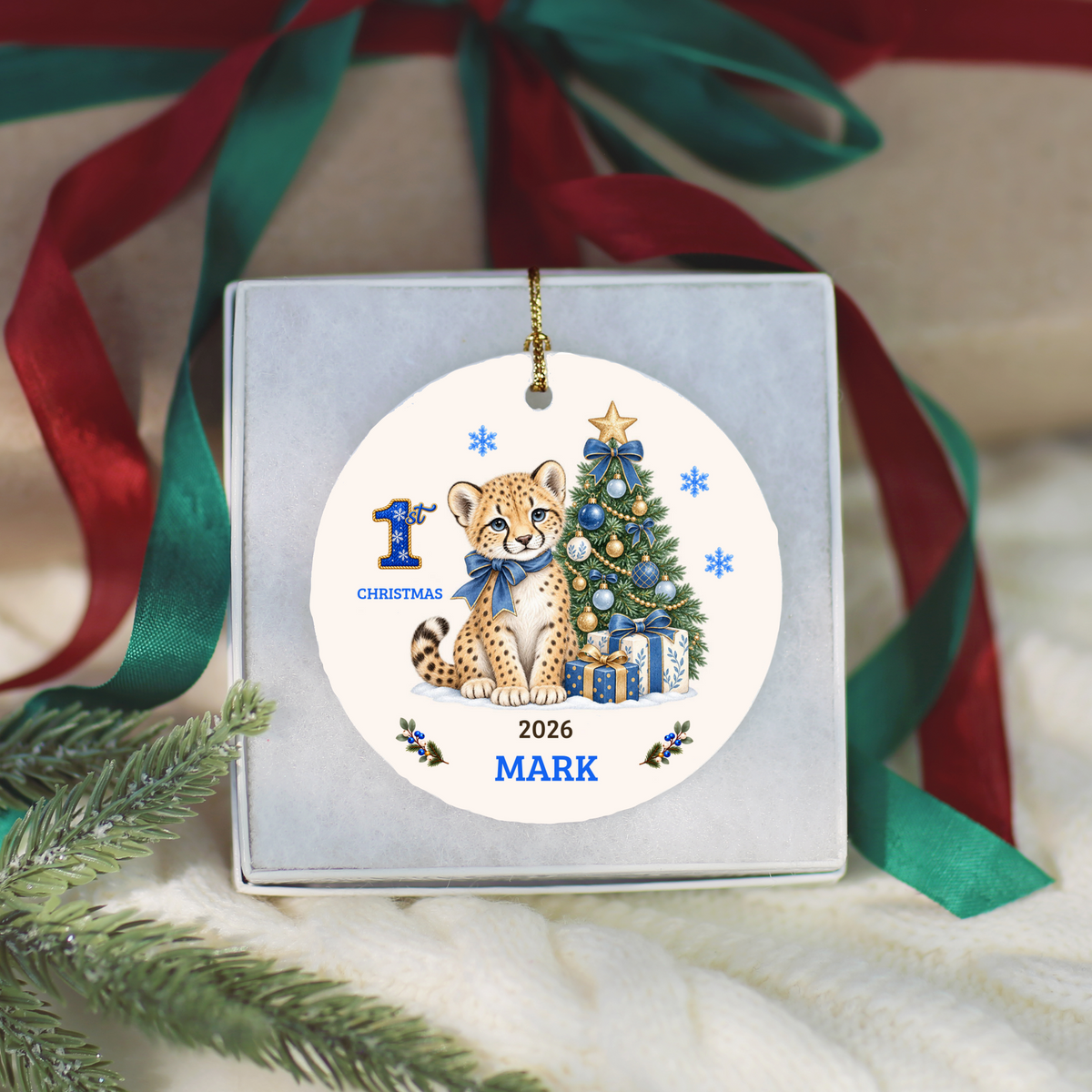 Personalized Baby Cheetah Christmas Ornament, Baby's First Christmas, 1st–10th Year Keepsake, Custom Name and Year, Pink or Blue