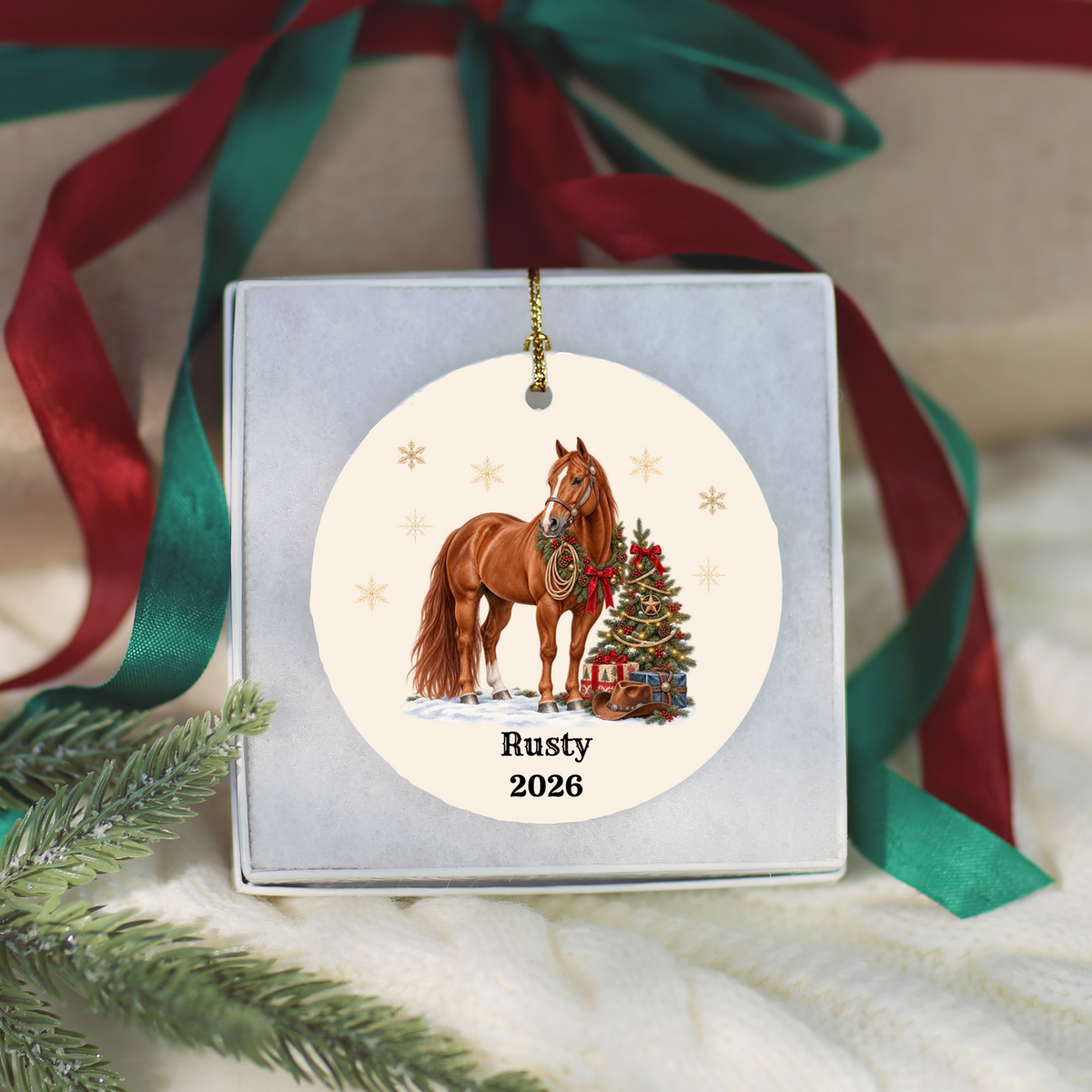 Personalized Horse Christmas Ornament, Custom Horse Photo Portrait, Western Cowboy Ceramic Ornament, Horse Name and Year, Equestrian Gift