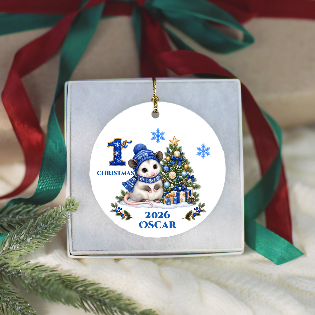 Opossum Baby Personalized Christmas Ornament, Baby's 1st 2nd 3rd Christmas, Custom Name Year Ceramic Keepsake, Boy Gift