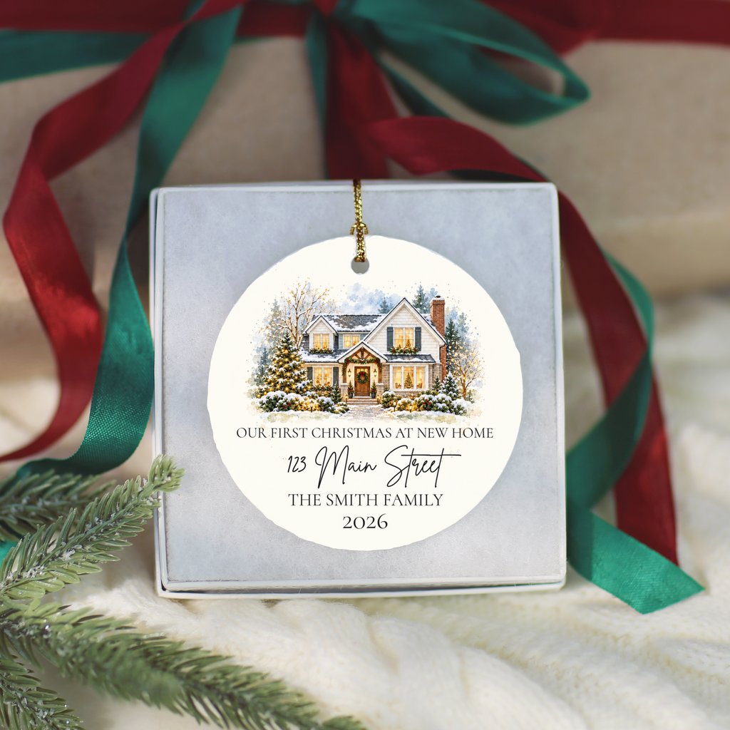 Custom House Photo Christmas Ornament, Personalized First Christmas in New Home, Watercolor House Portrait, Address Family Name Ceramic Gift